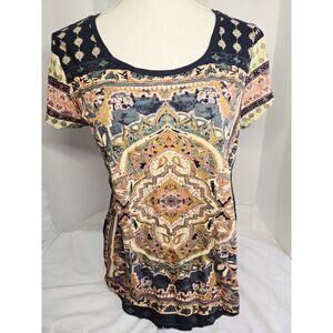 LUCKY BRAND Tee Womens M Navy Gold Persian Carpet Boho T-Shirt SOLD OUT Indie
